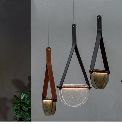 Modern leather handmade glass pendant lamp gray amber clear glass pendant Light