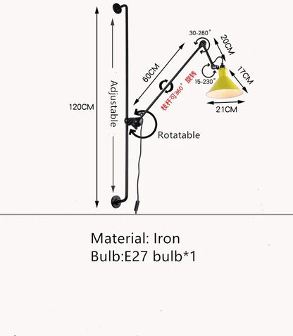 Nordic simple long black wall light Industrial Pole Swing Arm vintage Reading wall lamp