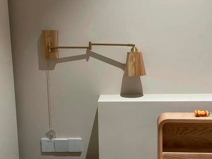 Retro Walnut Ash Wood LED Wall Lamp Copper Bedside Pull Chain Wall Light