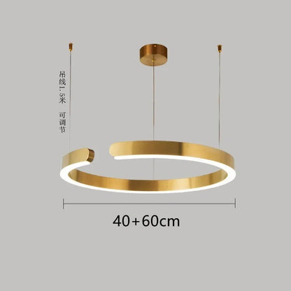 Moderno candeeiro suspenso LED em formato de anel, com intensidade regulável, nas cores dourado e preto, ideal para mesas, salas de jantar, cozinhas e quartos. Design minimalista e elegante. 