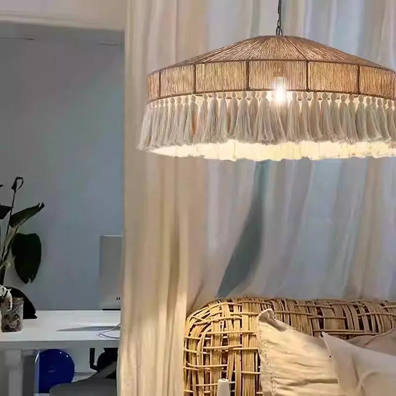 Wabi Sabi Style Retro Living Room Hemp Rope Pendant Light Bohemian Tassel Pendant Lamp