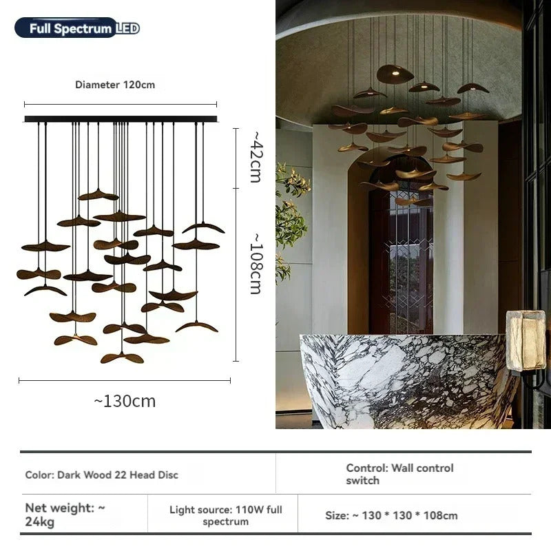 Japanese Lotus Leaf Chandelier Wabi Sabi Solid Wood Hanging Lamp