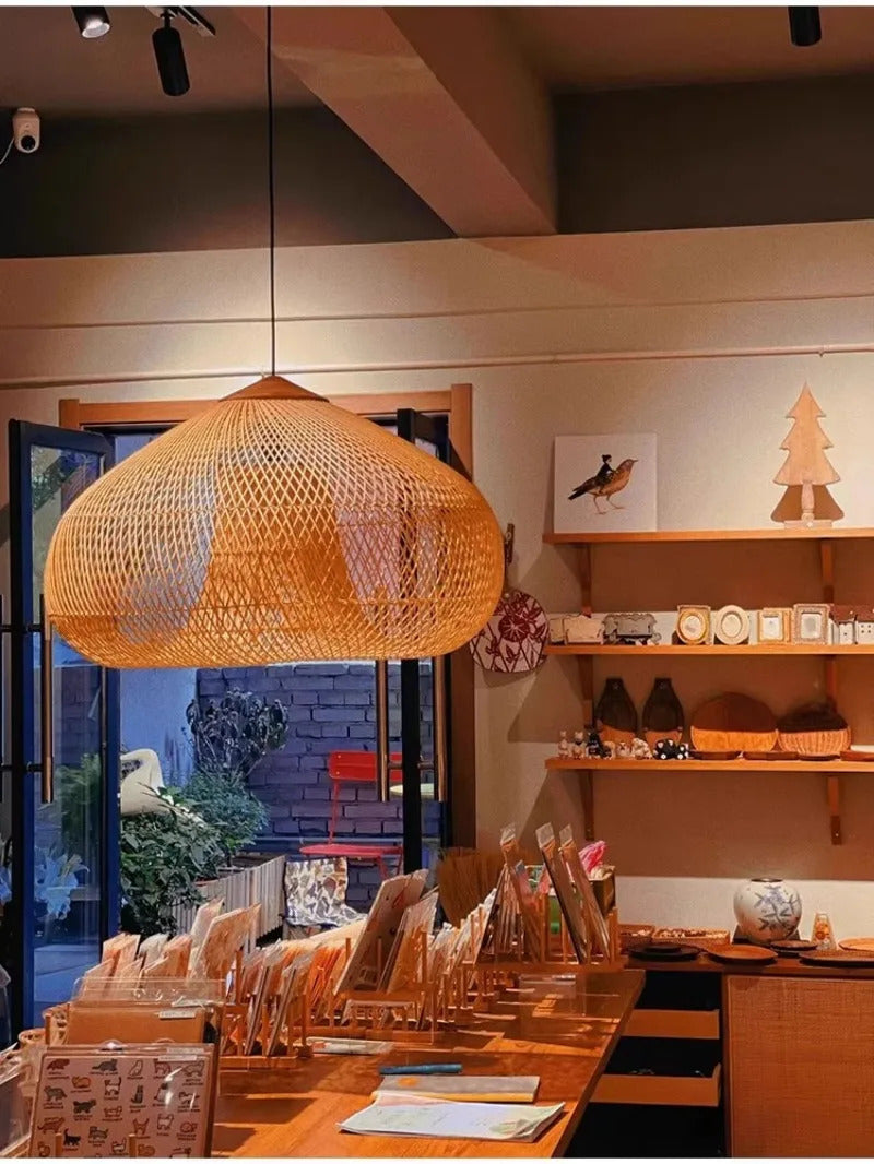 Japanese Wabi-Sabi Rattan Pendant Light Hand-Woven Boho Lamp