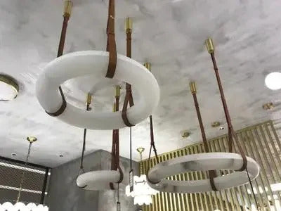 Hot selling high-end living room main light, round all copper leather pendant light, Spanish marble pendant light