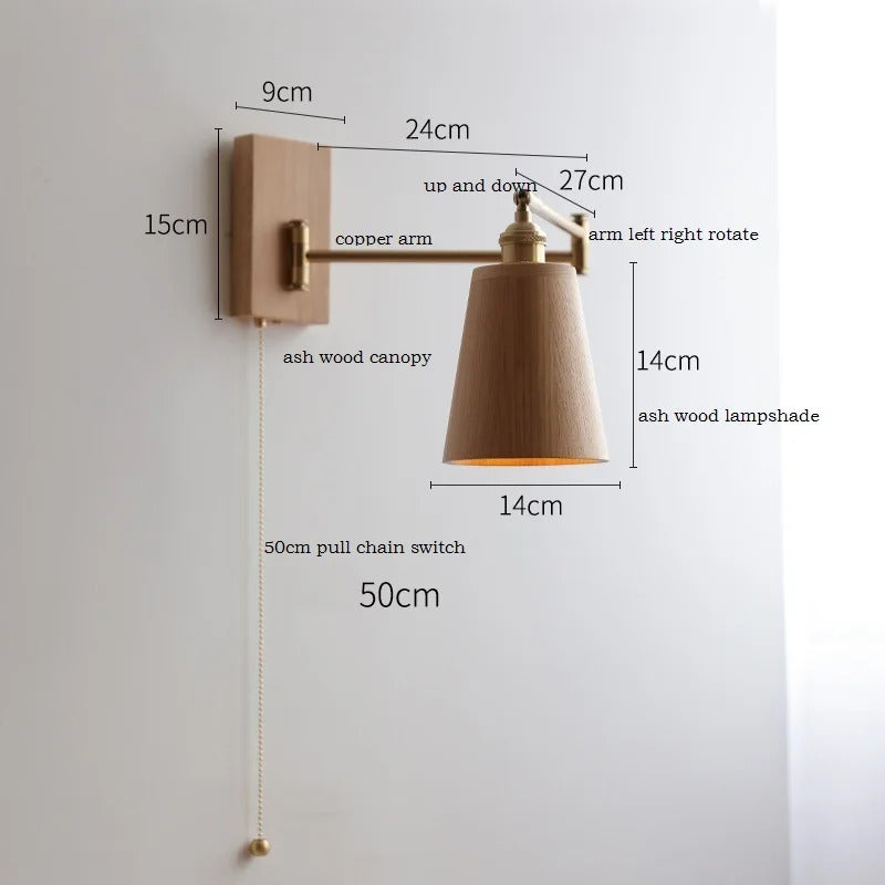 Retro Walnut Ash Wood LED Wall Lamp Copper Bedside Pull Chain Wall Light