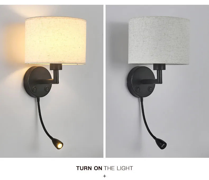 Bedside Wall Lamp LED Fabric Lampshade With 3W 360° Rotation Spotlight Reading lights