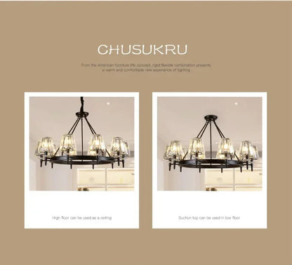 Retro Matte Black Round Metal Led Chandelier Lustre K9 Crystal Shades Pendant Lights Lighting Hanging Lamps Room Decor Fixtures