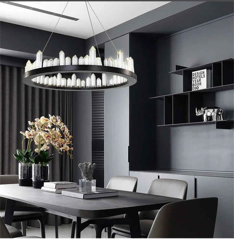 Modern Luxury Crystal Ring chandeliers Round black golden pendant lamp LED hanging light