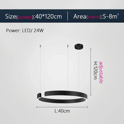 Moderno candeeiro suspenso LED em formato de anel, com intensidade regulável, nas cores dourado e preto, ideal para mesas, salas de jantar, cozinhas e quartos. Design minimalista e elegante. 