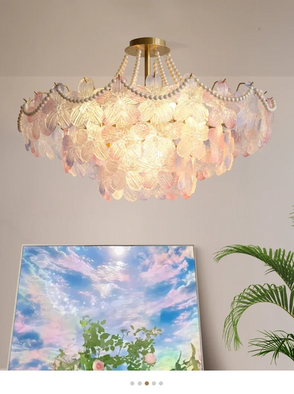 French Flower Crystal Chandelier Lamp Luxury Pink Glass Cream Petal Pendant Lights Living Room Bedroom Dining Room lighting