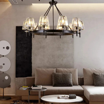 Retro Matte Black Round Metal Led Chandelier Lustre K9 Crystal Shades Pendant Lights Lighting Hanging Lamps Room Decor Fixtures
