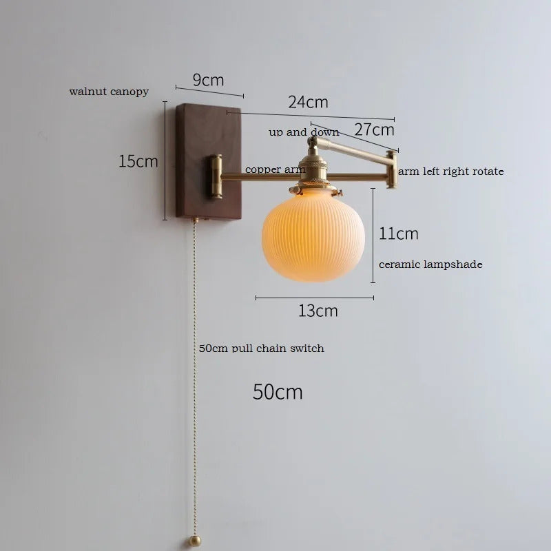 Retro Walnut Ash Wood LED Wall Lamp Copper Bedside Pull Chain Wall Light