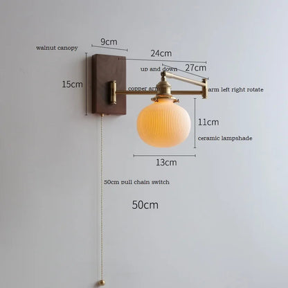 Retro Walnut Ash Wood LED Wall Lamp Copper Bedside Pull Chain Wall Light
