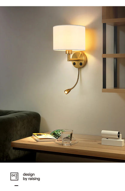 Bedside Wall Lamp LED Fabric Lampshade With 3W 360° Rotation Spotlight Reading lights