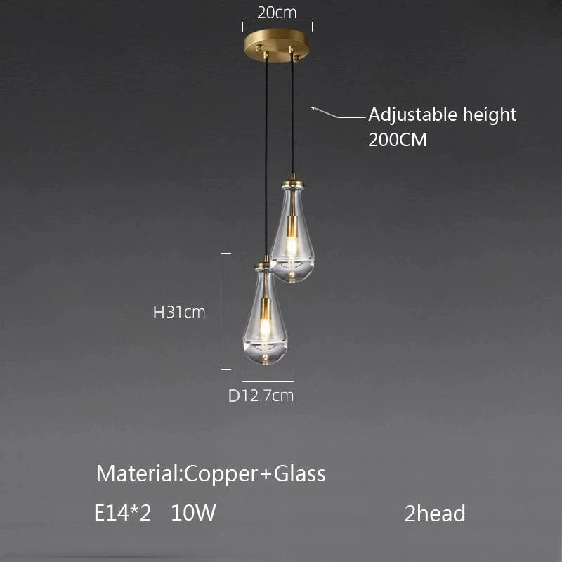 Luxury All Copper LED Pendant Light Modern Water drop Glass chandelier