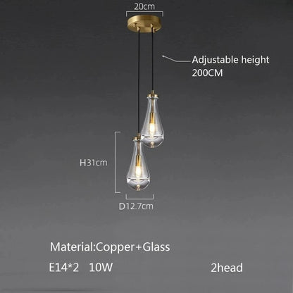 Luxury All Copper LED Pendant Light Modern Water drop Glass chandelier