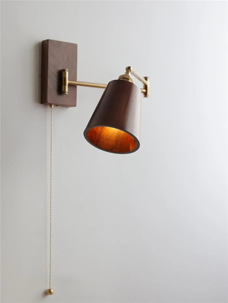 Retro Walnut Ash Wood LED Wall Lamp Copper Bedside Pull Chain Wall Light