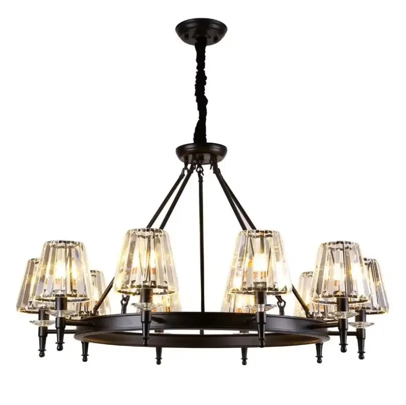 Retro Matte Black Round Metal Led Chandelier Lustre K9 Crystal Shades Pendant Lights Lighting Hanging Lamps Room Decor Fixtures