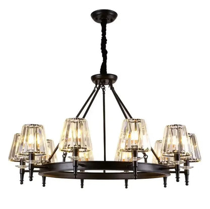 Retro Matte Black Round Metal Led Chandelier Lustre K9 Crystal Shades Pendant Lights Lighting Hanging Lamps Room Decor Fixtures
