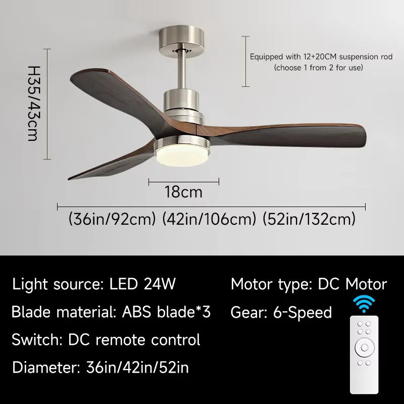 Nordic wooden Large Wind Ceiling Fan Light Retro Simple Solid walnut Electric Remote Fan lamp