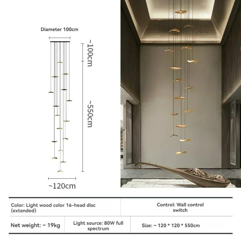 Japanese Lotus Leaf Chandelier Wabi Sabi Solid Wood Hanging Lamp