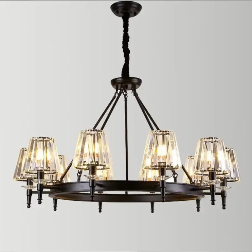 Retro Matte Black Round Metal Led Chandelier Lustre K9 Crystal Shades Pendant Lights Lighting Hanging Lamps Room Decor Fixtures