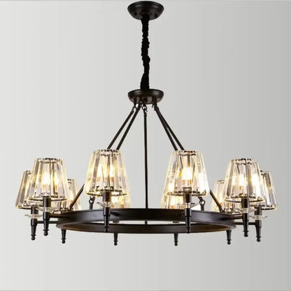 Retro Matte Black Round Metal Led Chandelier Lustre K9 Crystal Shades Pendant Lights Lighting Hanging Lamps Room Decor Fixtures