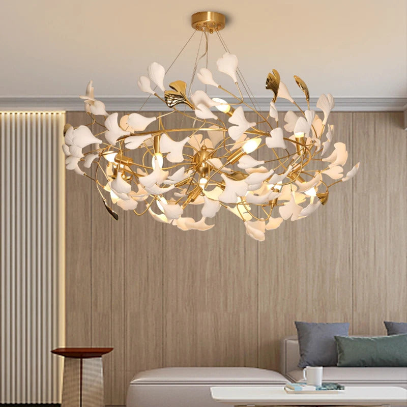 Luxury Ceramic Ginkgo Leaf Chandelier Gold Branches Chandelier