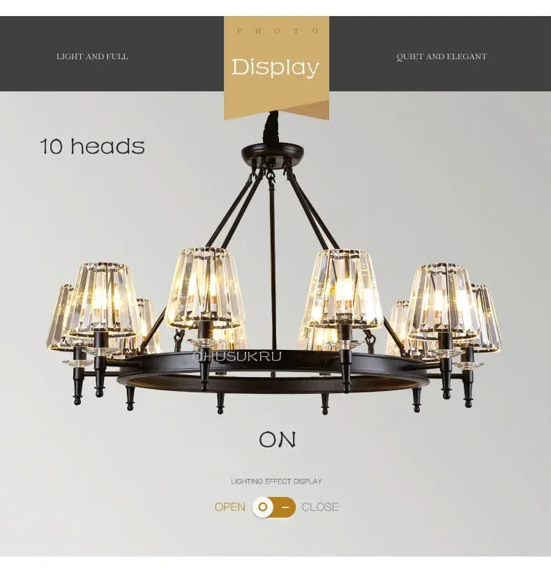 Retro Matte Black Round Metal Led Chandelier Lustre K9 Crystal Shades Pendant Lights Lighting Hanging Lamps Room Decor Fixtures