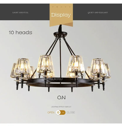 Retro Matte Black Round Metal Led Chandelier Lustre K9 Crystal Shades Pendant Lights Lighting Hanging Lamps Room Decor Fixtures