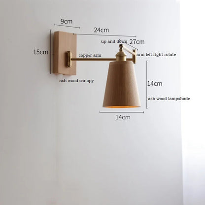 Retro Walnut Ash Wood LED Wall Lamp Copper Bedside Pull Chain Wall Light