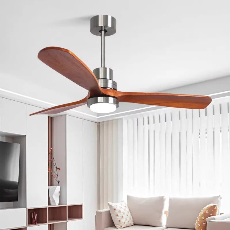 Nordic wooden Large Wind Ceiling Fan Light Retro Simple Solid walnut Electric Remote Fan lamp