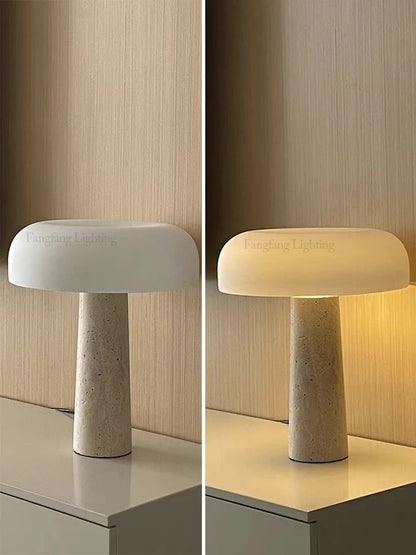 Modern Travertine Table Lamp Natural Stone LED Desk Lamp Indoor Decor Lighting Bedroom Living Room Study Matte Glass Lampshade