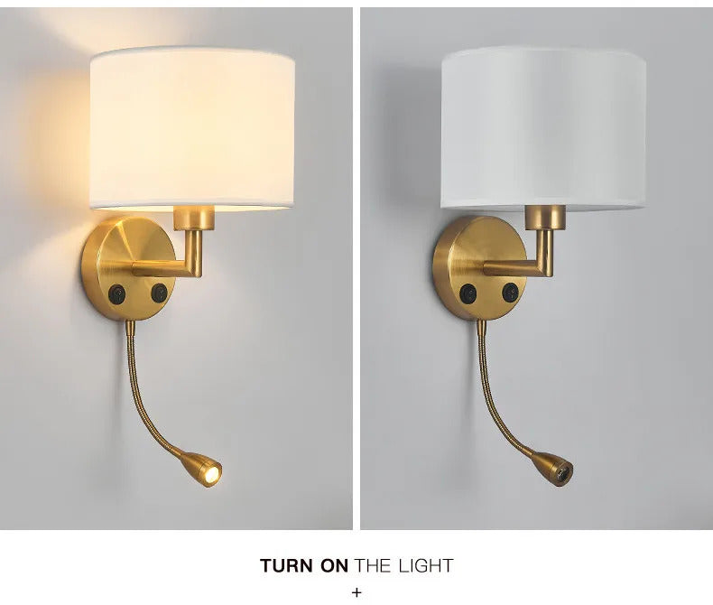 Bedside Wall Lamp LED Fabric Lampshade With 3W 360° Rotation Spotlight Reading lights