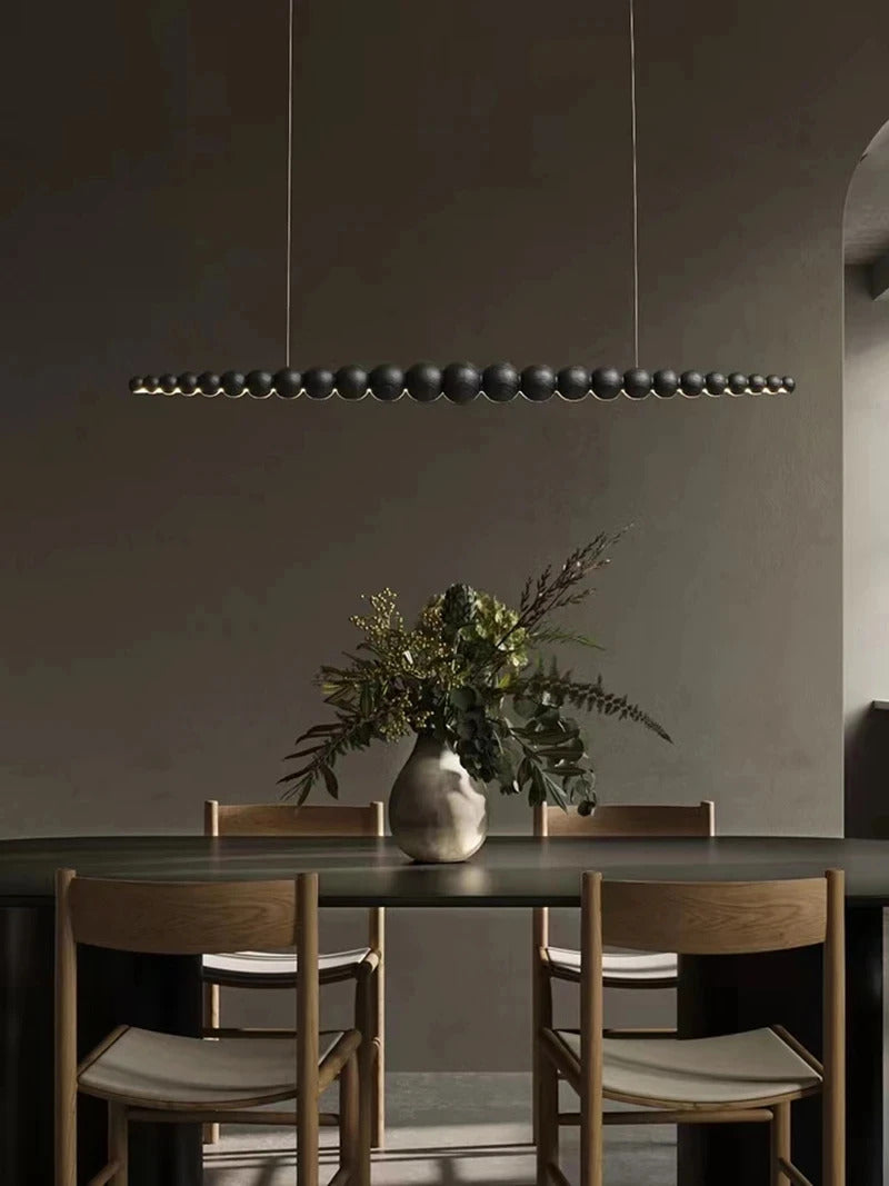 Wooden Beads Long Linear LED Pendant Lights Wabi Sabi wood walnut wood Hanging chandeliers
