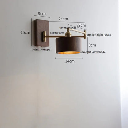 Retro Walnut Ash Wood LED Wall Lamp Copper Bedside Pull Chain Wall Light