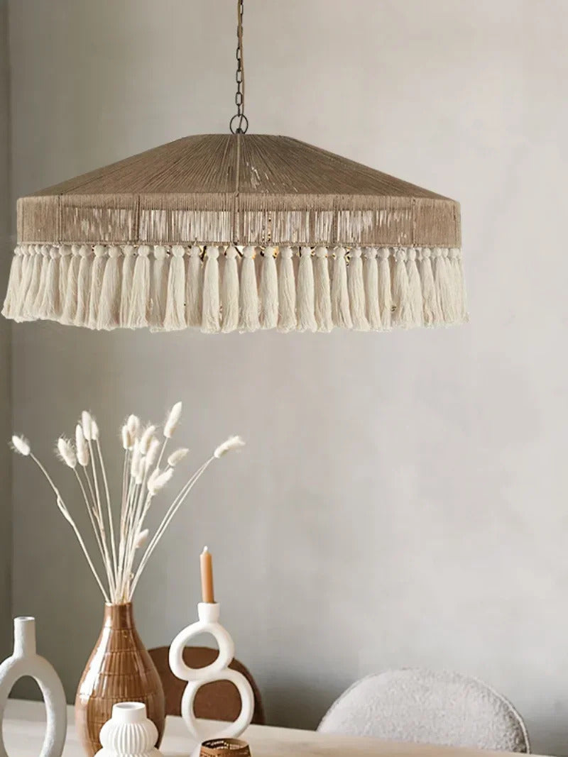 Wabi Sabi Style Retro Living Room Hemp Rope Pendant Light Bohemian Tassel Pendant Lamp