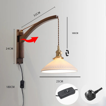 Japanese Wooden swing wall lamp Natural wood fishing wall light walnut color sconce