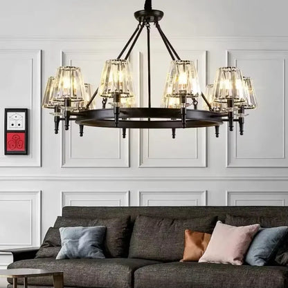 Retro Matte Black Round Metal Led Chandelier Lustre K9 Crystal Shades Pendant Lights Lighting Hanging Lamps Room Decor Fixtures