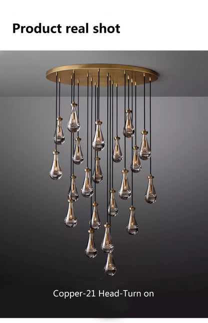 Luxury All Copper LED Pendant Light Modern Water drop Glass chandelier