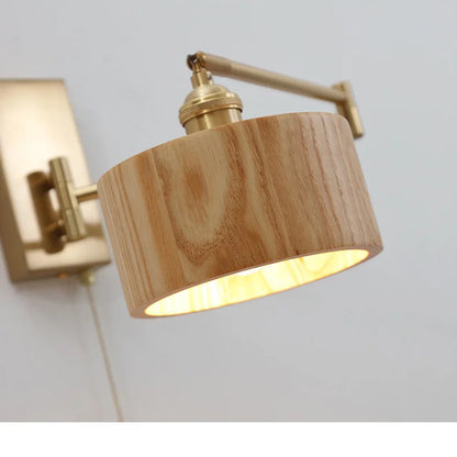Retro Walnut Ash Wood LED Wall Lamp Copper Bedside Pull Chain Wall Light