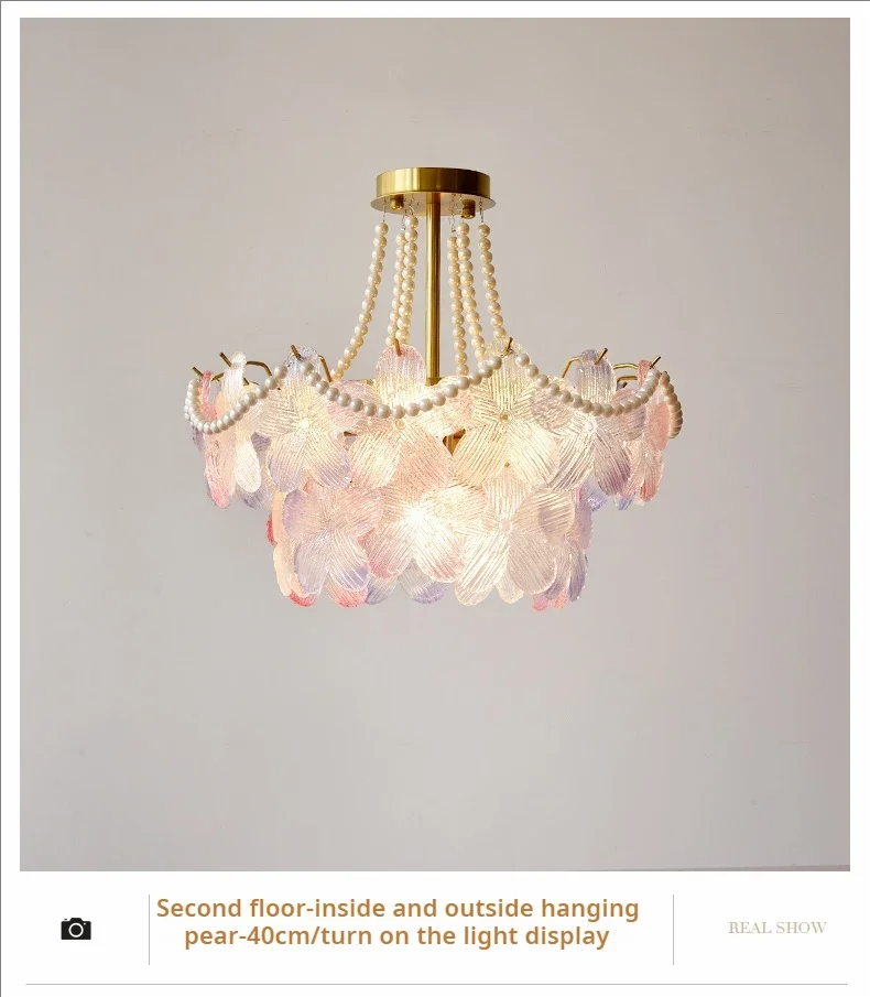 French Flower Crystal Chandelier Lamp Luxury Pink Glass Cream Petal Pendant Lights Living Room Bedroom Dining Room lighting