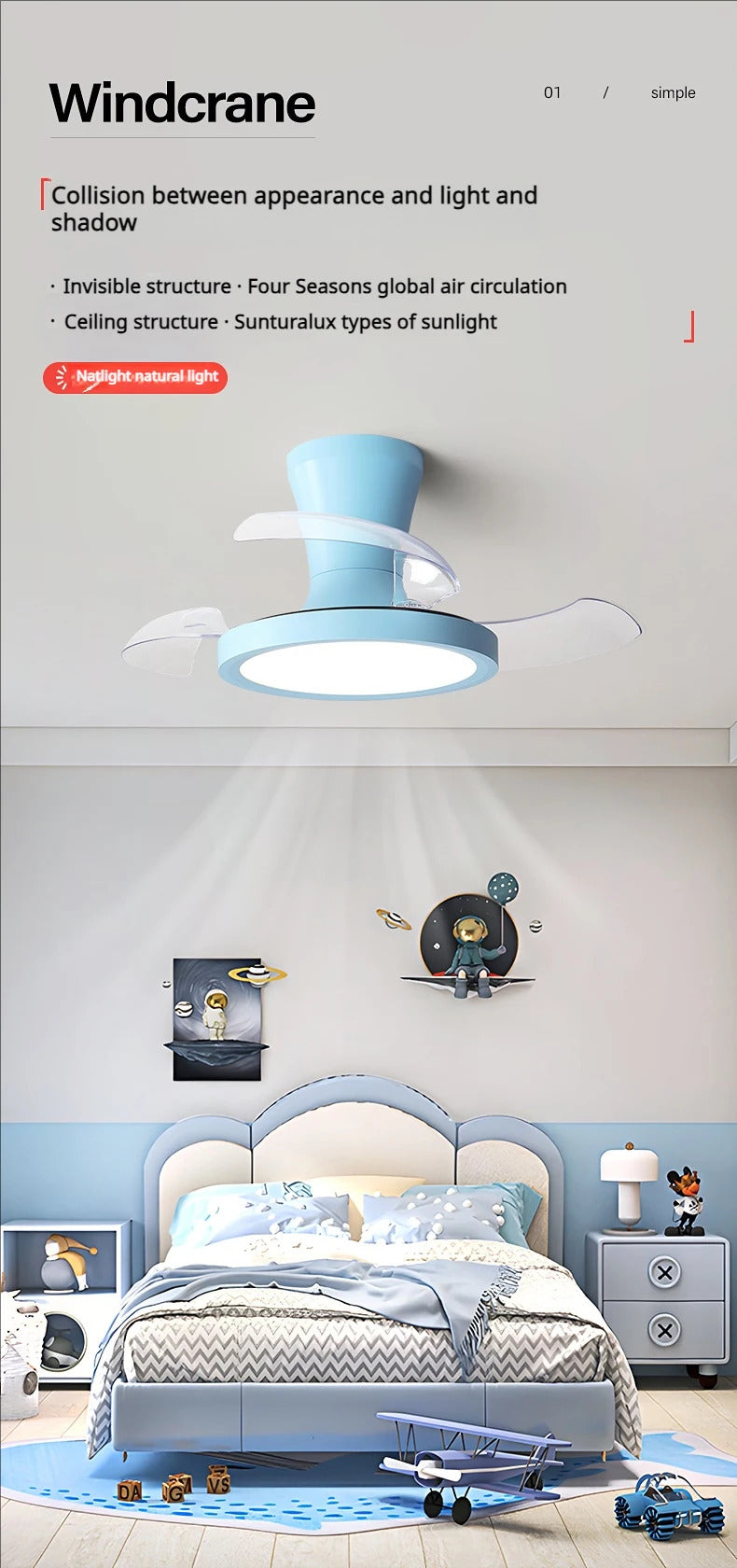 Children'S Room Invisible Fan Light Bedroom Quiet Ceiling Fan Light