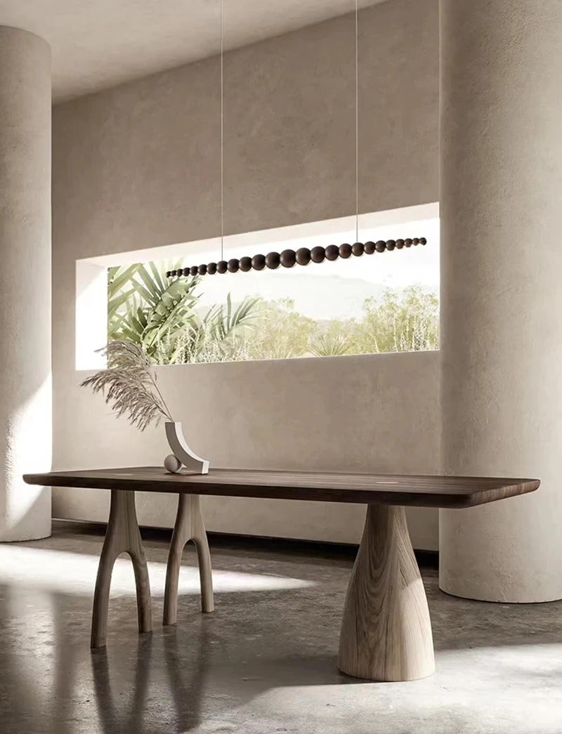 Wooden Beads Long Linear LED Pendant Lights Wabi Sabi wood walnut wood Hanging chandeliers