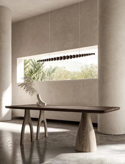 Wooden Beads Long Linear LED Pendant Lights Wabi Sabi wood walnut wood Hanging chandeliers