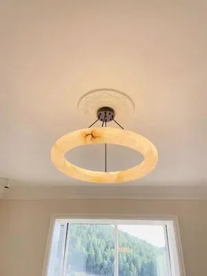 Hot selling high-end living room main light, round all copper leather pendant light, Spanish marble pendant light
