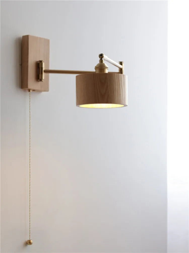Retro Walnut Ash Wood LED Wall Lamp Copper Bedside Pull Chain Wall Light