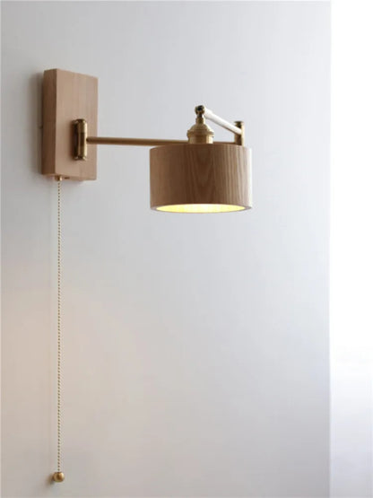 Retro Walnut Ash Wood LED Wall Lamp Copper Bedside Pull Chain Wall Light