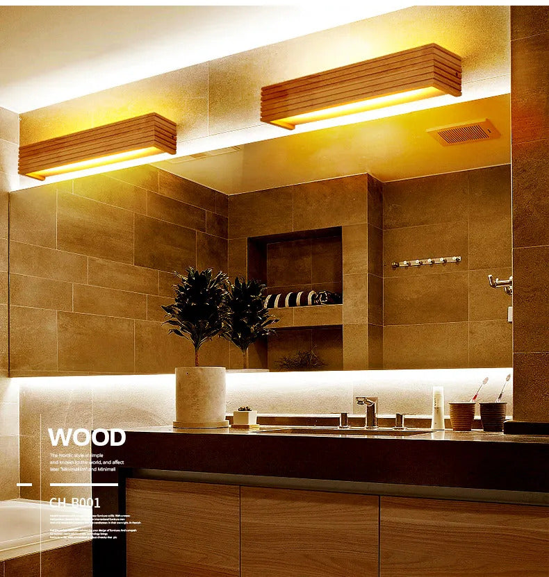 Modern Bathroom Mirror Wall Lamps Nordic Solid Wooden Linear LED Sconce light