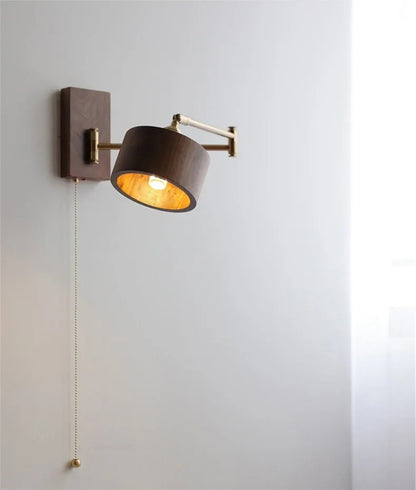 Retro Walnut Ash Wood LED Wall Lamp Copper Bedside Pull Chain Wall Light